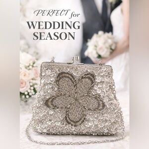 Beaded Sequin Evening Bag Silver Floral Chain Strap Clutch